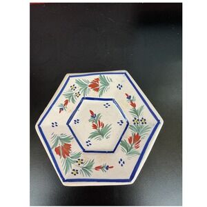 HenRiot Quimper France Hexagonal Floral Ceramic Plate Hand Painted French